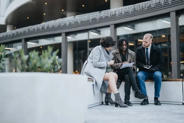 Τρεις Επιχειρηματικοί Συνάδελφοι Συζητούν Θέματα Σχετικά Την Εργασία Ενώ Κάθονται — Φωτογραφία Αρχείου
