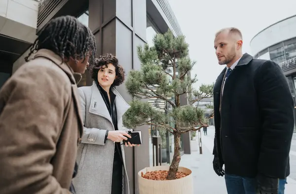 Stock image Three business colleagues engaged in a casual discussion outdoors, with one holding a smart phone near a small potted evergreen tree.