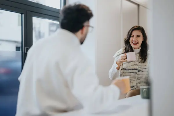 Cheerful Businesspeople Enjoying Morning Coffee Brainstorming Ideas Discussing Collaboration Modern — Stock Photo, Image