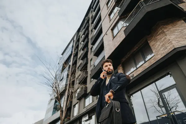 Businessman Suit Having Phone Conversation Front Contemporary Urban Apartment Complex — Stock Photo, Image