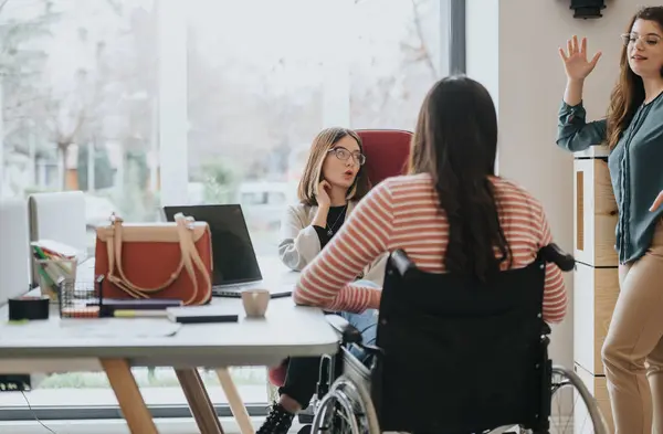 Diverse Team Bright Office Setting One Member Wheelchair Actively Participating — Stock Photo, Image