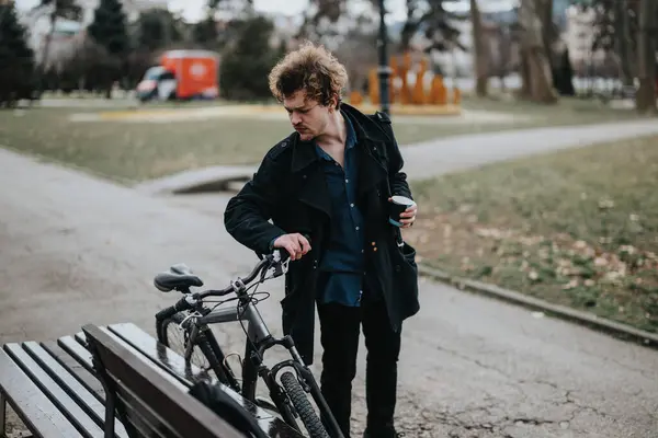 Nenucený Profesionální Muž Který Dává Pauzu Cyklistiky Kávou Klidném Městském — Stock fotografie
