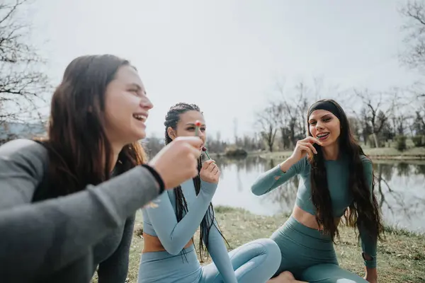 Three Joyful Female Friends Sportswear Enjoying Light Hearted Moment Together — Stock Photo, Image