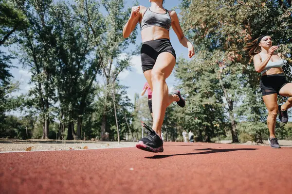 适合女人们在公园里跑步 他们积极快乐地在自然环境中训练 动机和精力在他们的体育活动中很明显 — 图库照片