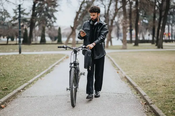 Homme Affaires Intelligent Dans Une Veste Cuir Avec Vélo Utilisant — Photo