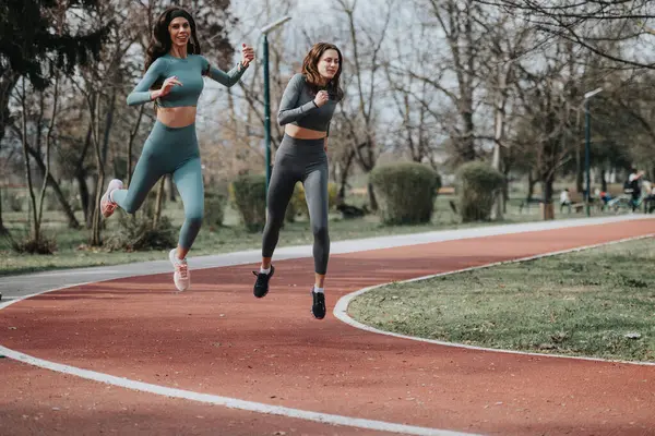 Twee Atletische Vrouwen Sportkleding Lopen Een Rode Baan Een Groen — Stockfoto