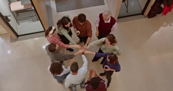Overhead View Captures Multicultural Group Business Professionals Huddle Discussing Strategies — Stock Video