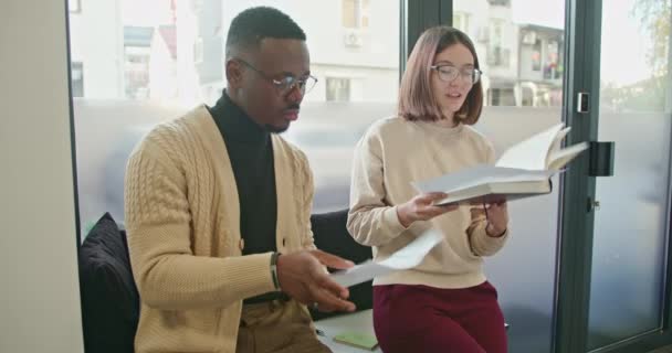 Young People Finished Reviewing Paperwork Documents Going Work Break — Stock Video