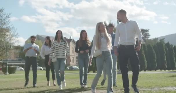 Fiatal Egyetemisták Vidám Csoportja Élvezi Napsütéses Napot Miközben Sétálnak Felett — Stock videók
