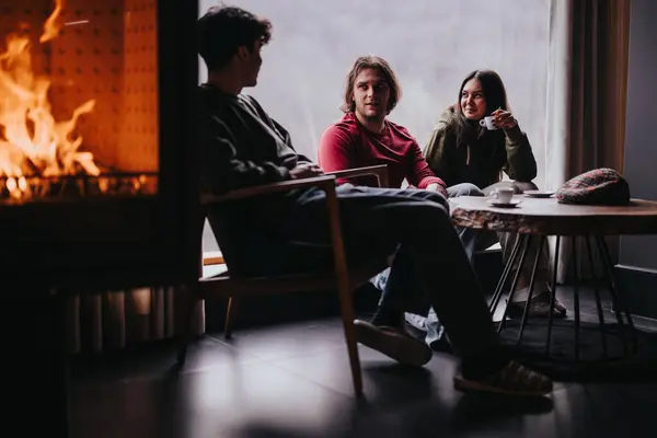 Evde Rahat Rahat Oturan Bir Grup Arkadaş Şöminenin Sıcaklığının Yanında — Stok fotoğraf