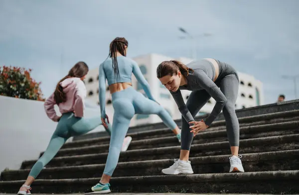 Three Women Athletic Attire Pausing Rest Outdoor Stair Climbing Fitness — Stock Photo, Image