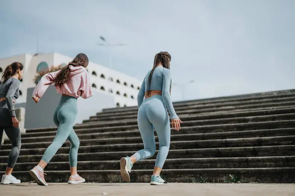 Active Women Workout Gear Climbing Steps Urban Setting Illustrating Exercise — Stock Photo, Image