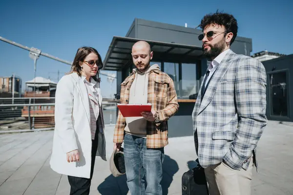 Three Young Professionals Engaged Serious Business Discussion Outdoors Downtown City — Stock Photo, Image
