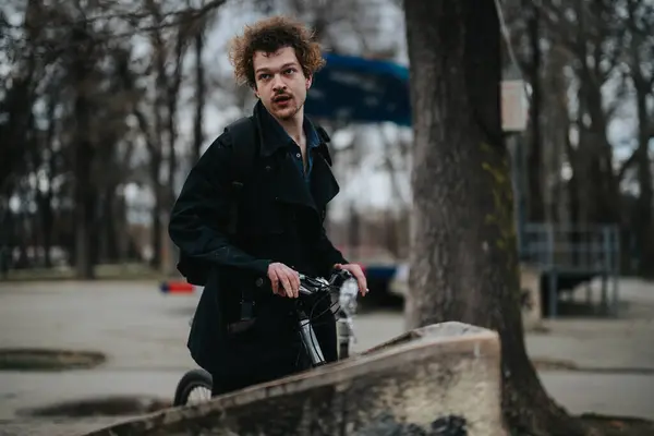 Casual Portrait Curly Haired Young Man Outdoors Exuding Cool Urban — Stock Photo, Image