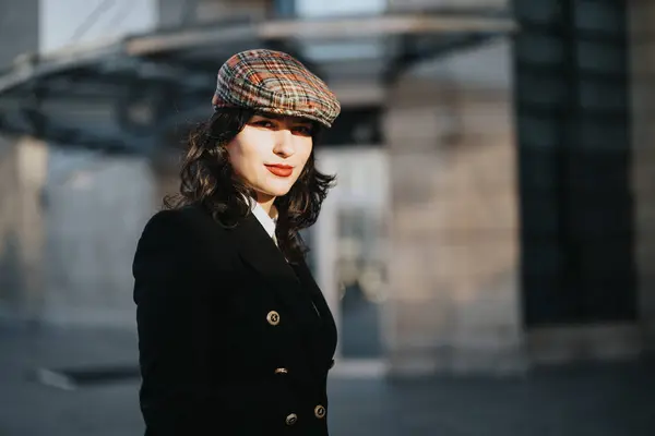 Confident woman in classic outfit with plaid beret on urban background.