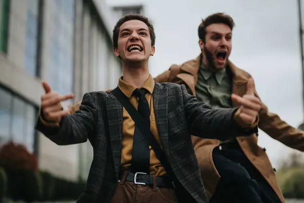 Two Joyful Businessmen Stylish Suits Express Victory Excitement Urban Outdoor — Stock Photo, Image