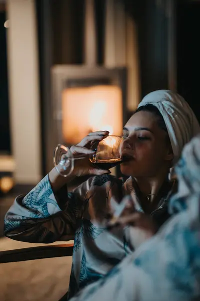 Sophisticated Woman Unwinds Comfort Enjoying Serene Moment Wine Candles Cozy — Stock Photo, Image