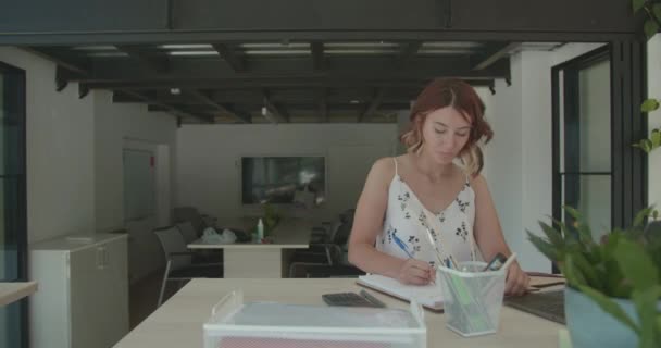 귀여운 소녀는 사무실에서 일하고 노트북에 메모를 — 비디오