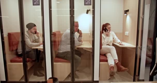 Focused Business Employees Individual Office Booths Engaged Serious Phone Conversations — Stock Video