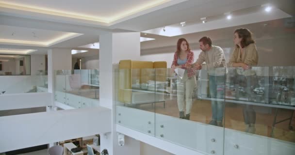 Meslektaş Iyi Işıklandırılmış Çağdaş Bir Ofis Koridorunda Cam Bir Çite — Stok video