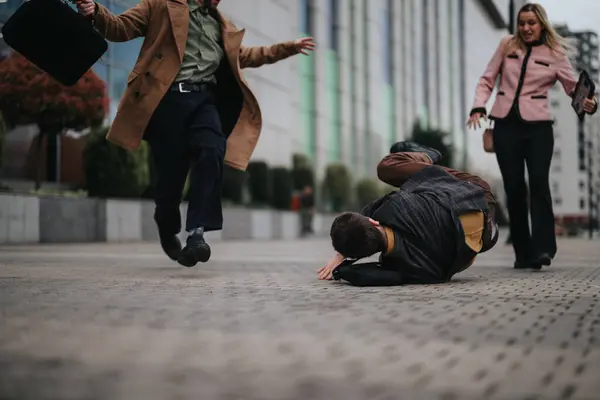 Concerned Young Business People Unfortunate Colleague Stumble City Pavement — Stock Photo, Image