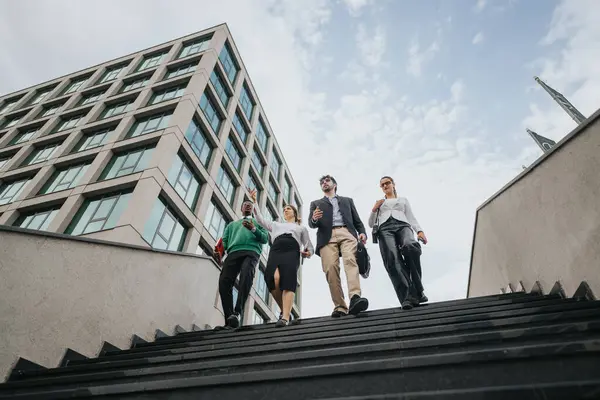 ダイナミックな若いビジネスチームが階段を歩いて捕らえられ 屋外の会議に活力を与え始める — ストック写真