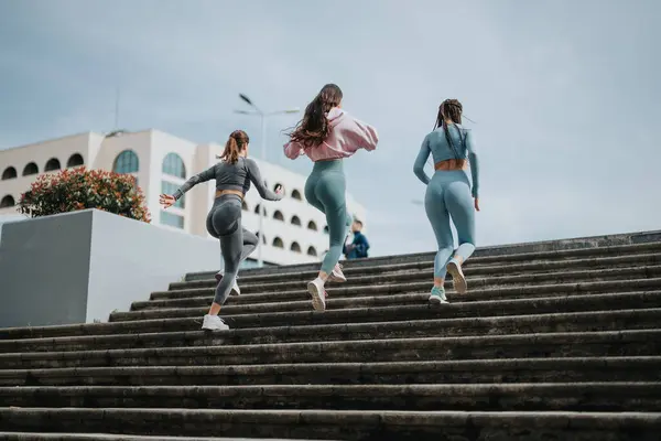 スポーツウェアのアクティブな女性のバックビュー 彼らのトレーニングルーチンの一部として具体的なステップをジョギング — ストック写真
