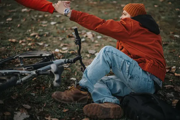 Action Shot Young Male Hipster Attire Receiving Assistance Taking Tumble — Stock Photo, Image