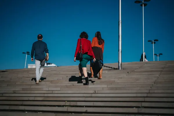 Three Business Professionals Walking Outdoor Stairs Symbolizing Growth Teamwork Career — Stock Photo, Image