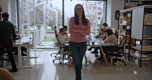 在一个现代化的办公环境中 一位可爱的女士站在那里微笑着 跨代企业家们在他们的办公桌前工作 展现了一个充满活力的工作环境 — 图库视频影像