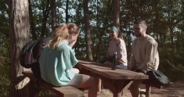 4人のスポーツ友人 女性が夏の日を楽しむ山岳公園のテーブルに集まった 彼らはハイキングから休憩を取っています 楽しい会話と笑い — ストック動画
