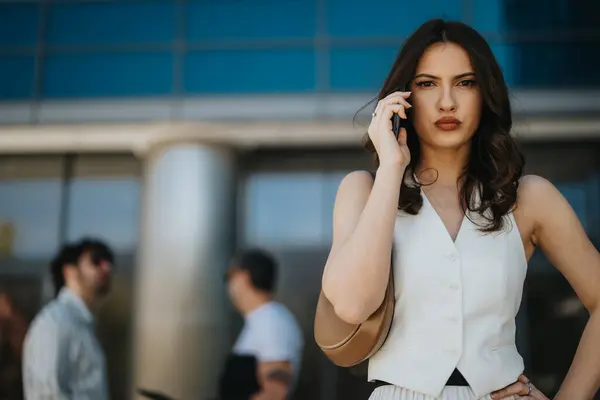 Confident Female Professional Engaged Phone Conversation Modern Building — Stock Photo, Image