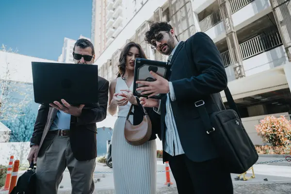 Three Business Professionals Working Together Sidewalk Using Laptop Smart Phone — Stock Photo, Image