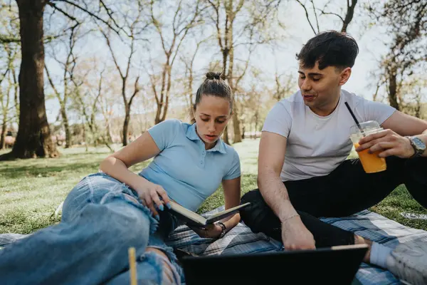 Zwei Studenten Studierten Auf Einer Decke Park Mit Büchern Und — Stockfoto