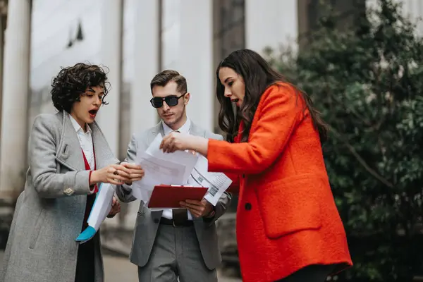 Three Professional Business Partners Engage Serious Conversation Office Analyzing Documents — Stock Photo, Image