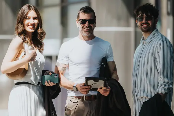 Three Professional Business Colleagues Casually Posing Outdoors Sharing Joyful Moment — Stock Photo, Image