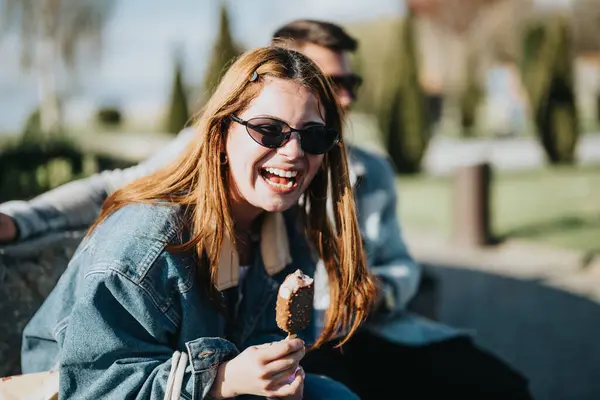 Joyful Young Woman Laughing Sunglasses Eating Ice Cream Outdoors Friend — Stock Photo, Image