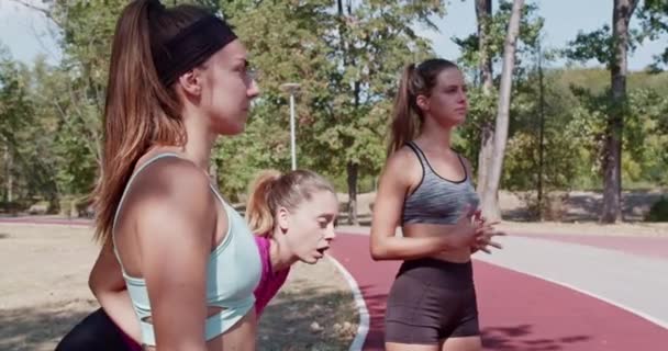 Trei Entuziaști Fitness Sunt Văzuți Odihnindu Vorbind Într Însorită Într — Videoclip de stoc