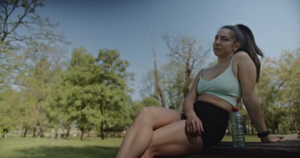 적합한 스포츠 여성은 햇볕이 공원에서 휴식을 취하고 누군가와 재미있는 논의하고 — 비디오