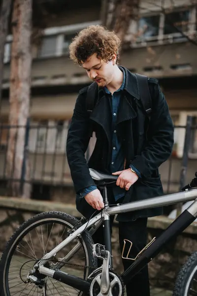 Young Professional Businessman Checks His Bicycle City Environment Representing Sustainable — Stock Photo, Image