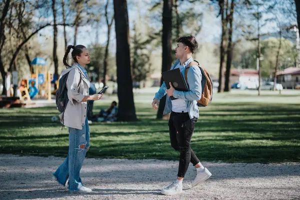 Genç Öğrenci Arkadaş Güneşli Bir Günde Parkta Kitap Sırt Çantalarıyla Stok Fotoğraf