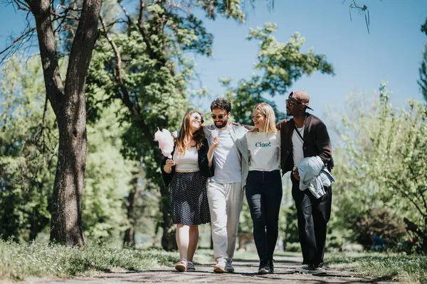 Quatro Amigos Riem Caminham Juntos Parque Ensolarado Mostrando Alegria Diversidade Fotografia De Stock