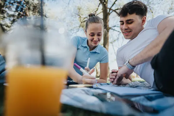 High School Students Collaborate Homework City Park Helping Each Other — Stock Photo, Image