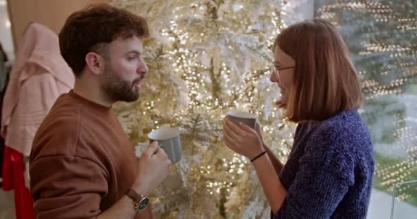 비즈니스 동료가 아름답게 크리스마스 트리로 휴식을 취하며 편안하고 축제적인 순간을 — 비디오