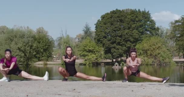 Drie Fitnessliefhebbers Oefenen Stretching Oefeningen Langs Een Serene Oever Van — Stockvideo