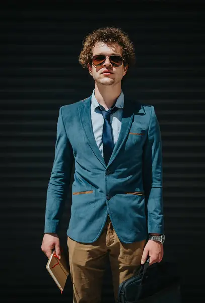 stock image Stylish young man in a blue blazer posing confidently against a dark urban background, ready for a new business day.