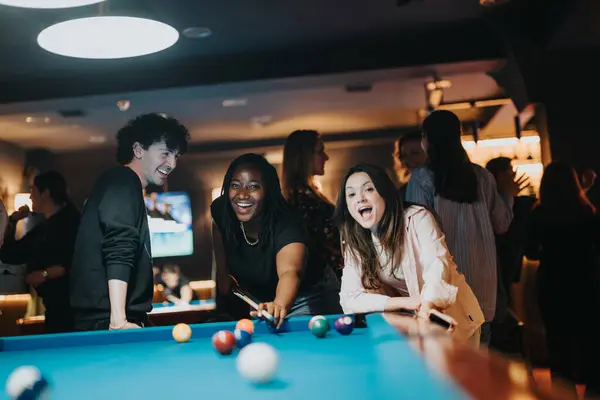 Group Friends Having Delightful Time Bar Playing Pool Sharing Happy Fotografia De Stock