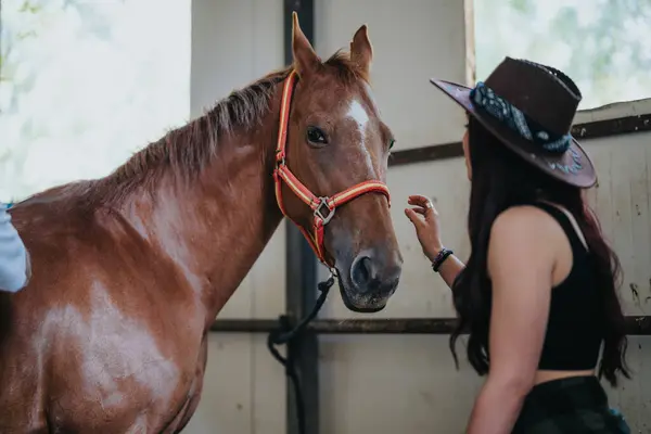 stock image A woman wearing a hat takes care of a brown horse in a stable, creating a peaceful and bonding moment.