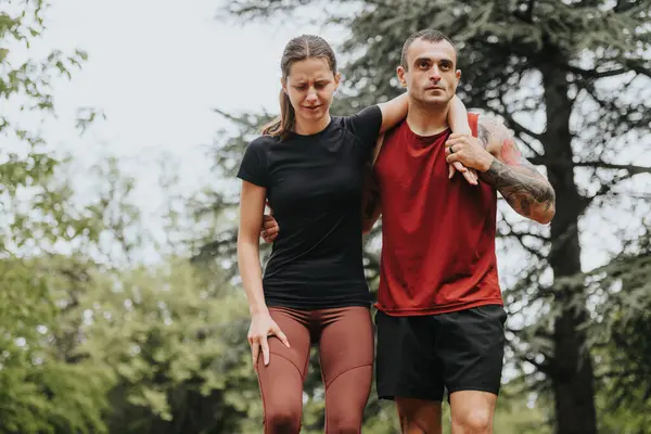 Stock image A fit man assists his girlfriend, who has hurt her leg while running, showing care and concern in a tranquil park setting.