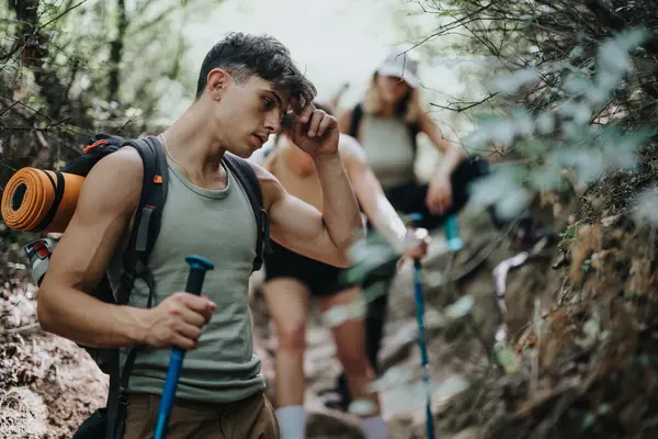 stock image Young hikers exploring a forest trail, enjoying nature and adventure on a sunny summer day. Friends experiencing the great outdoors together.